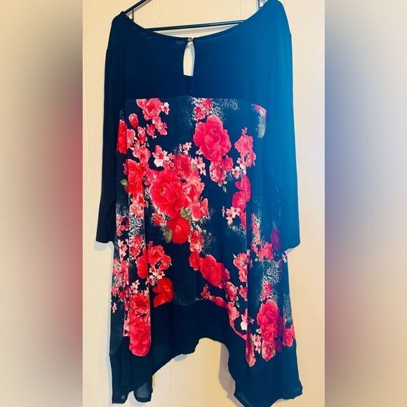 KATE MALLORY Woman Plus Size 2x Pretty Black Floral Tunic Flowy Long Sleeve - Picture 1 of 4
